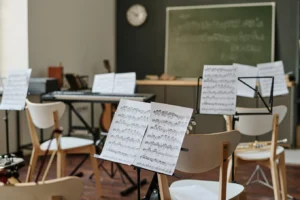 Modern music classroom interior highlighting music education.