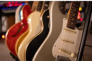 Variety of guitars in different types and colors.